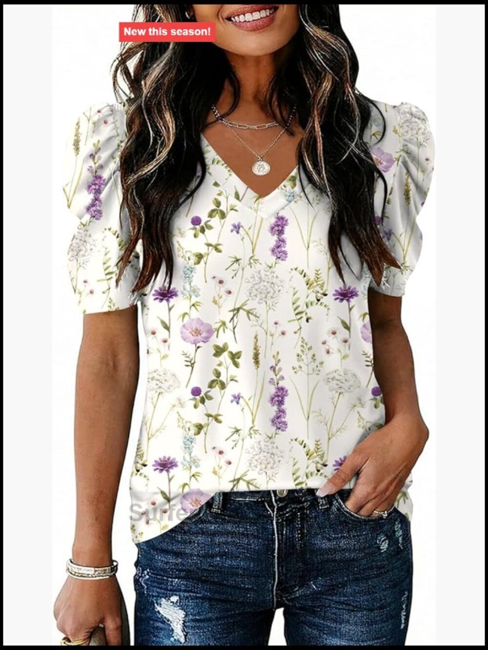 V Neck Puff Short Sleeve Blouse Tunic Loose Fit Floral Top